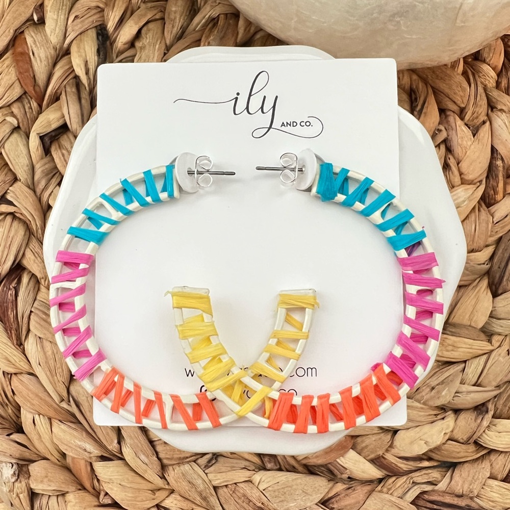 New Raffia Wrapped Colorful Hoop Earrings | Boutique | Casual Hoops